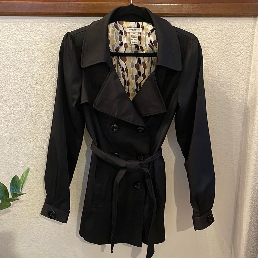 Vertigo Vintage Double Breasted Black Trench Coat Satin Lining Size Medium